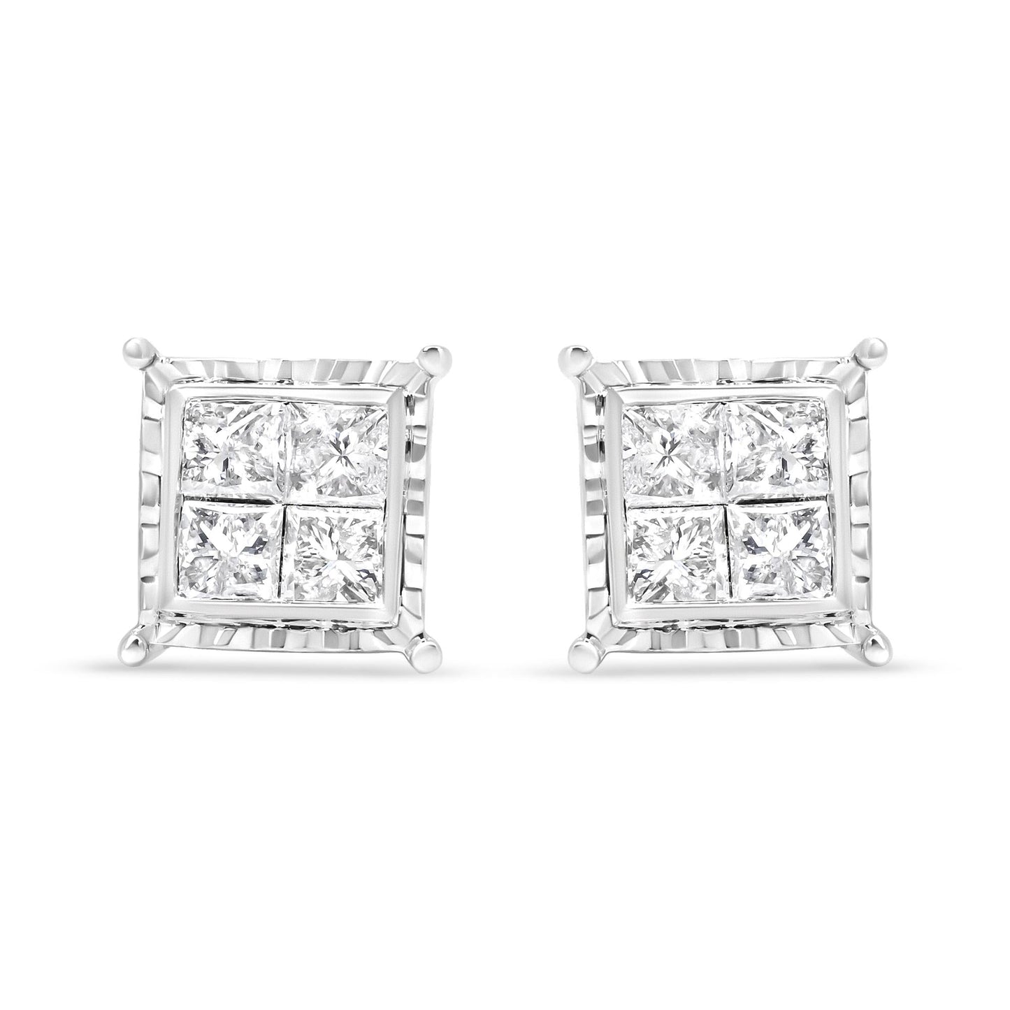 14K White Gold 1 1/2 Cttw Invisible Set Princess-Cut Diamond Contemporary Wavy Quad Stud Earrings (I-J Color, I1-I2 Clarity)-1