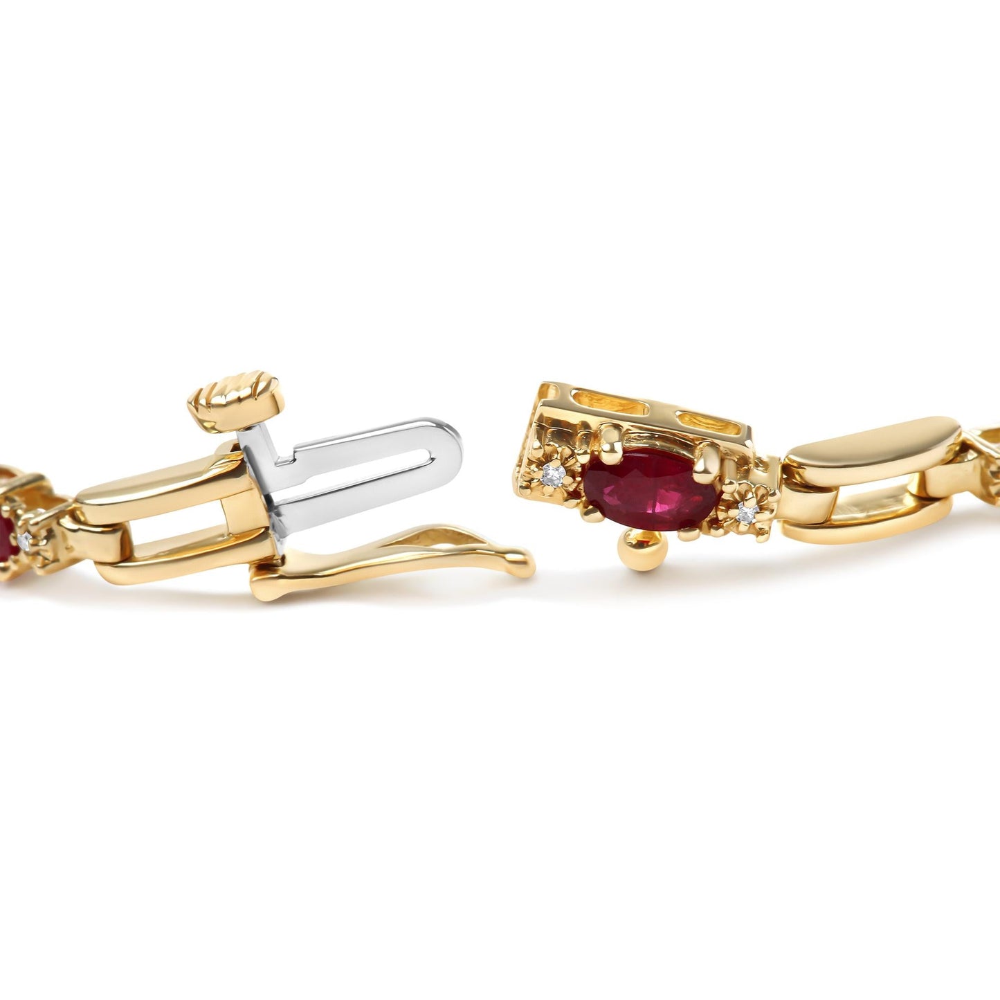 10K Yellow Gold Oval Ruby and 1/10 Cttw Diamond Bar Prong Set Bracelet (H-I Color, SI1-SI2 Clarity) - Size 7"-1