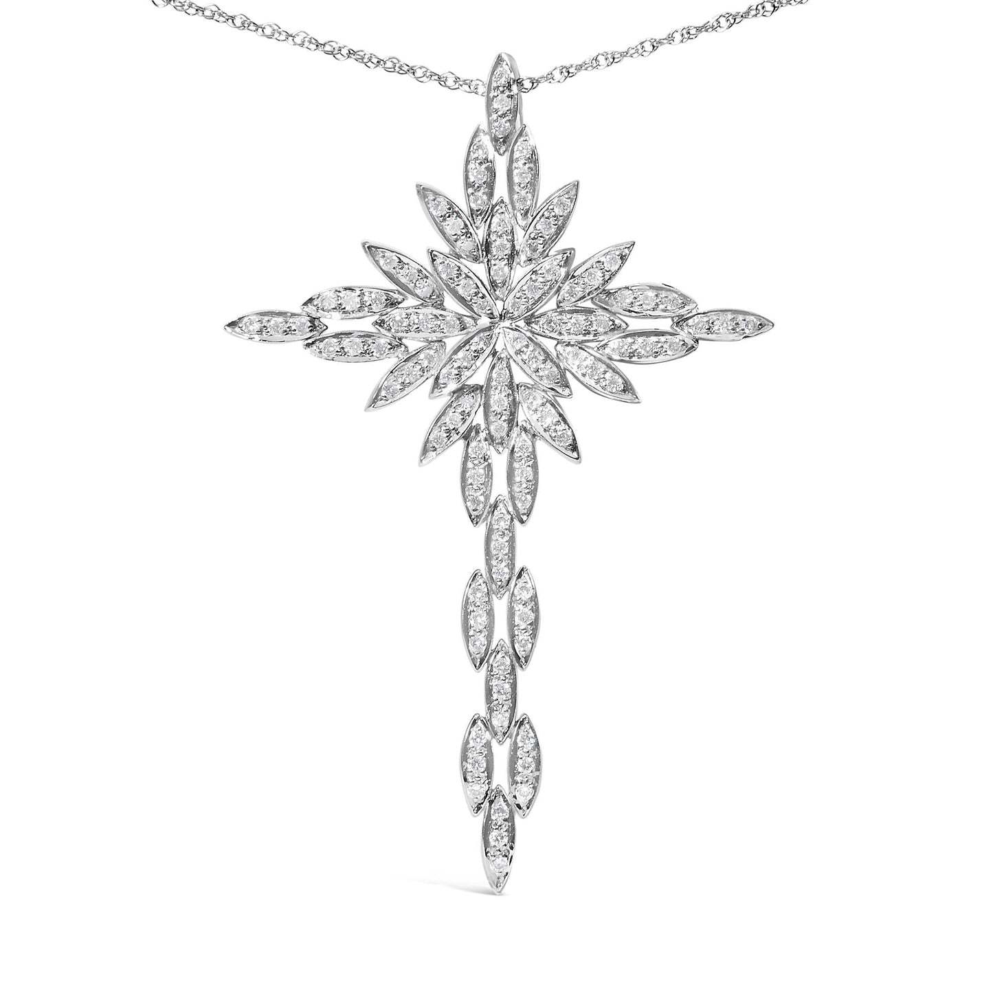 14K White Gold 1.0 Cttw Cocktail Cluster Cross 18" Pendant Necklace (H-I Color, SI1-SI2 Clarity)-1