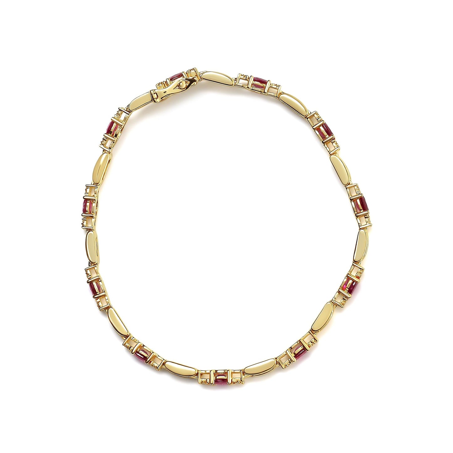 10K Yellow Gold Oval Ruby and 1/10 Cttw Diamond Bar Prong Set Bracelet (H-I Color, SI1-SI2 Clarity) - Size 7"-2