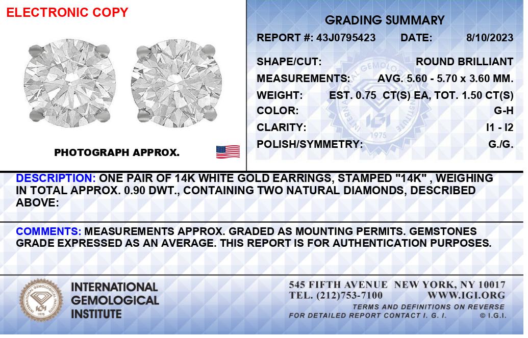 IGI Certified 14K White Gold 1 1/2 Cttw Round Diamond Solitaire Stud Earrings with Screwbacks (G-H Color, I1-I2 Clarity)-3