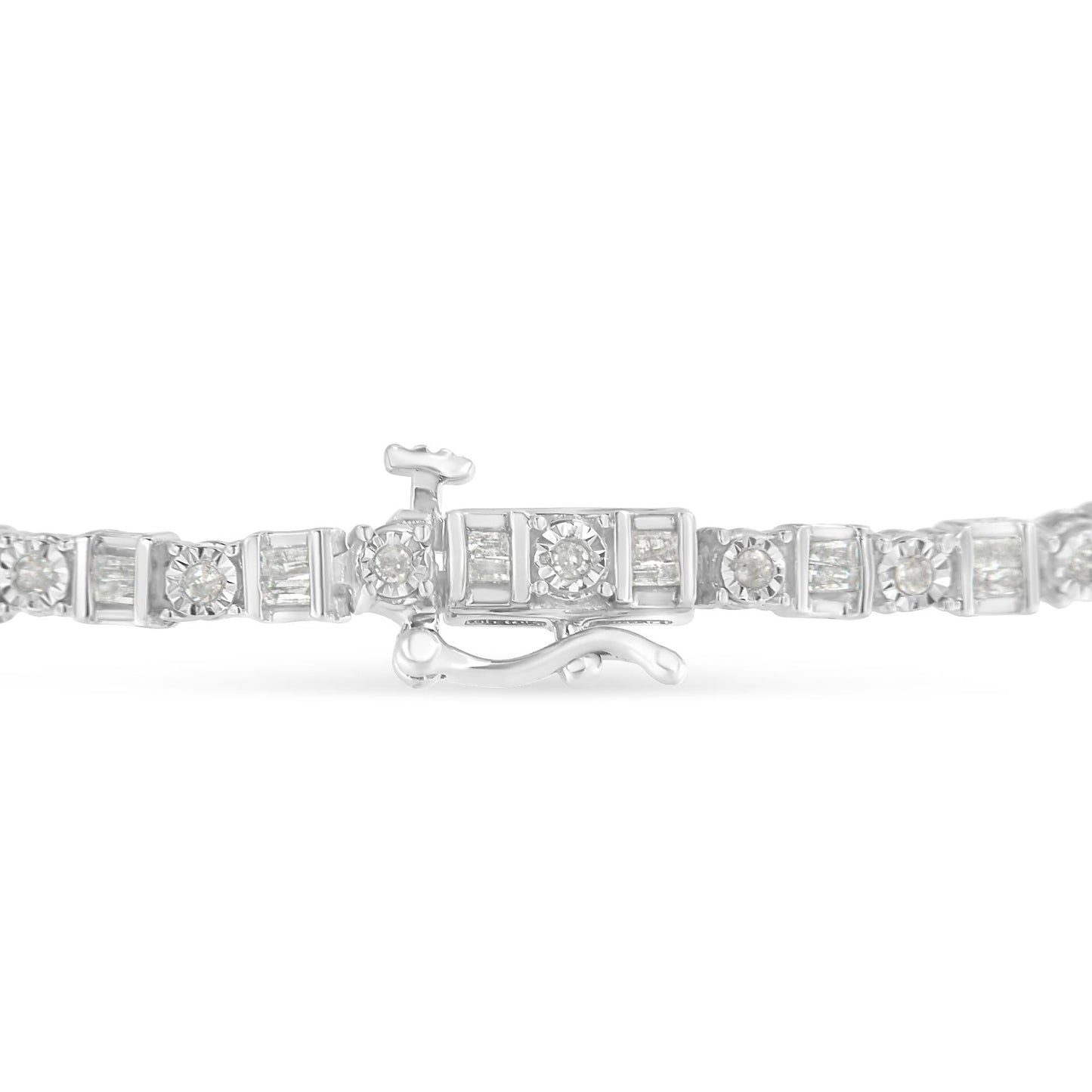 .925 Sterling Silver 1.0 Cttw Round & Baguette Cut Diamond 7" Alternating Round and Square Station Tennis Bracelet (I-J Color, I3 Clarity)-4