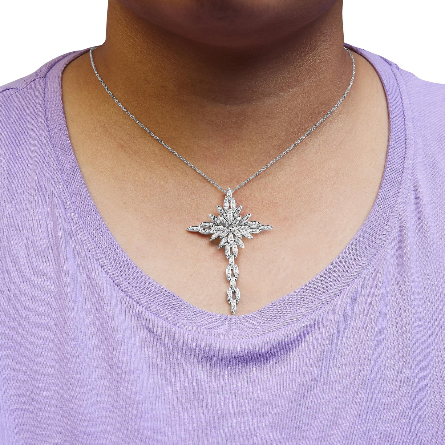14K White Gold 1.0 Cttw Cocktail Cluster Cross 18" Pendant Necklace (H-I Color, SI1-SI2 Clarity)-3
