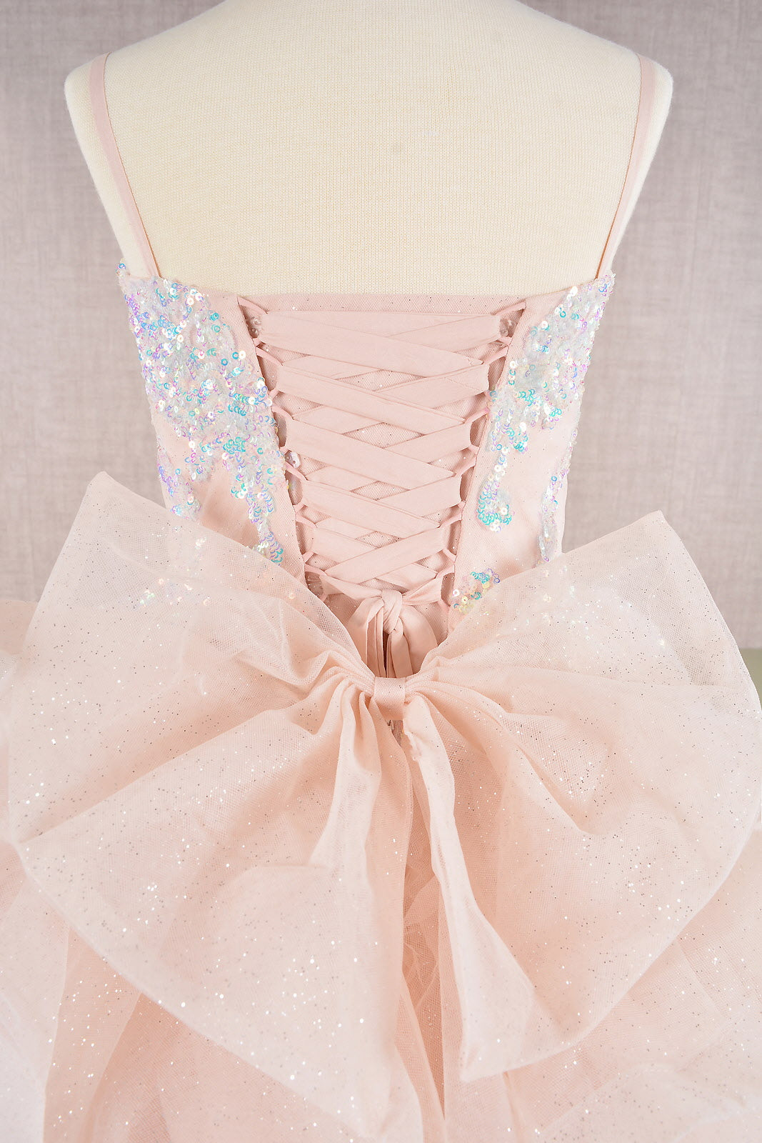 Spaghetti Strap Sequin Mesh Kids Dress with a Detachable Ribbon and Ruffled Back Skirt-3