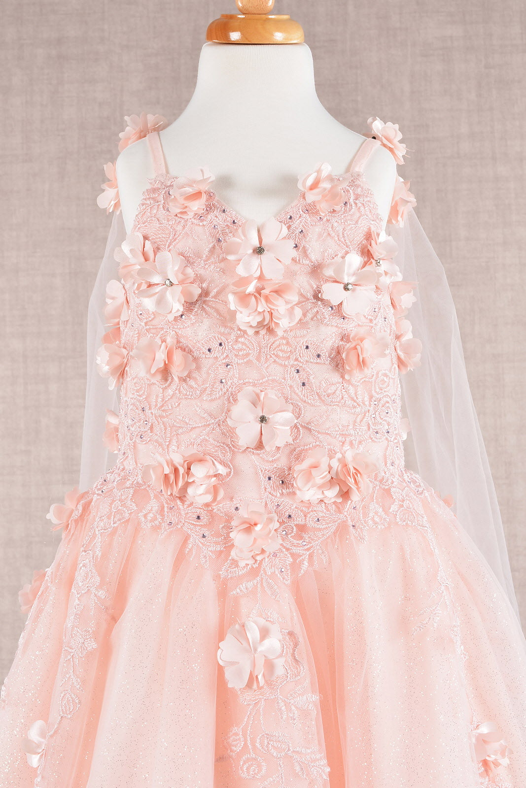 Floral Applique Glitter Mesh Kids Dress with Detachable Side Mesh Drape-2