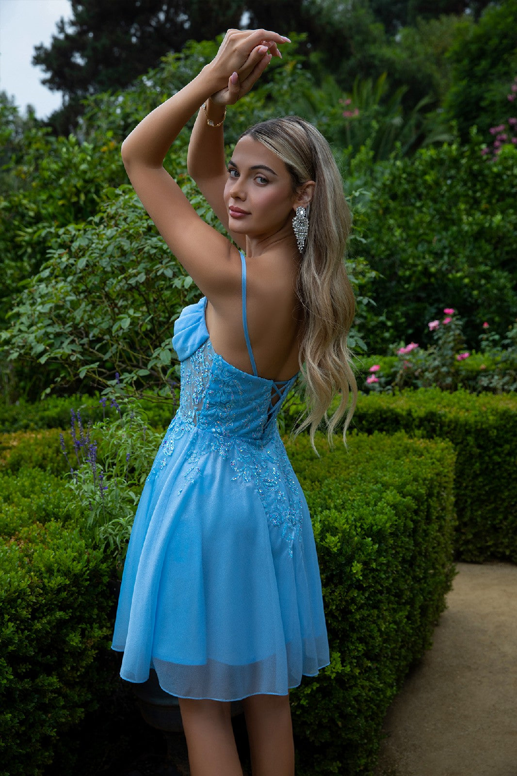 Sheer Bodice Glitter Print Embellished Spaghetti Strap Homecoming Dress-1