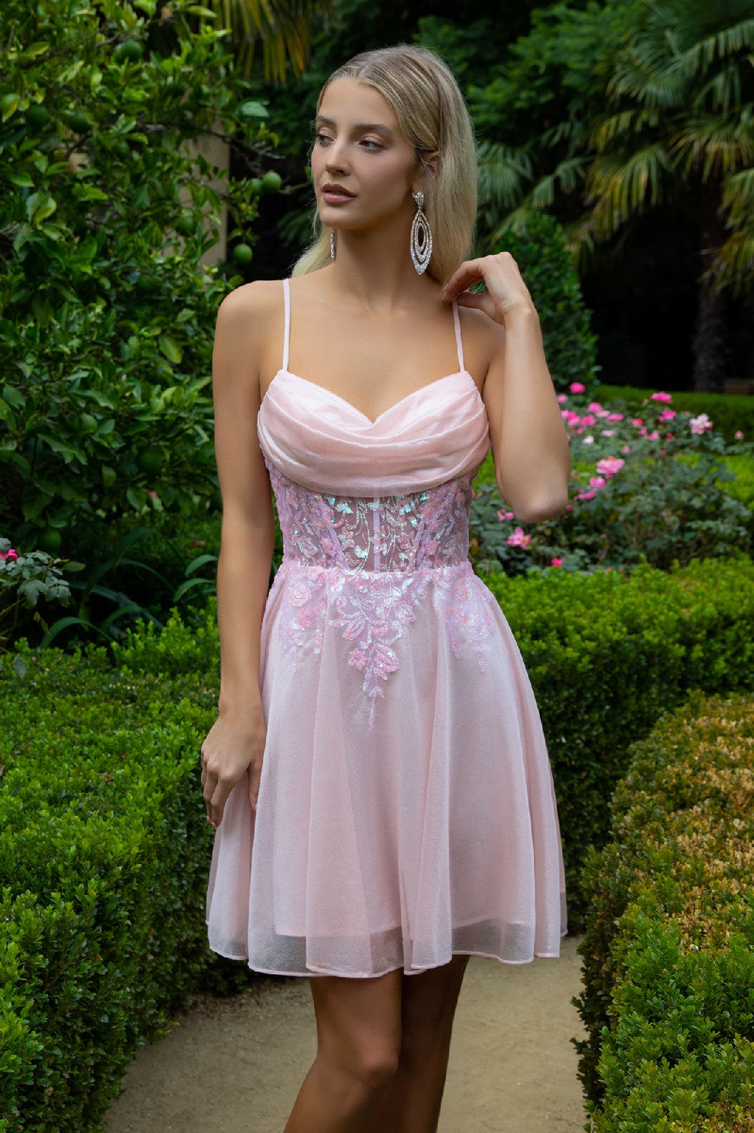 Sheer Bodice Glitter Print Embellished Spaghetti Strap Homecoming Dress-2