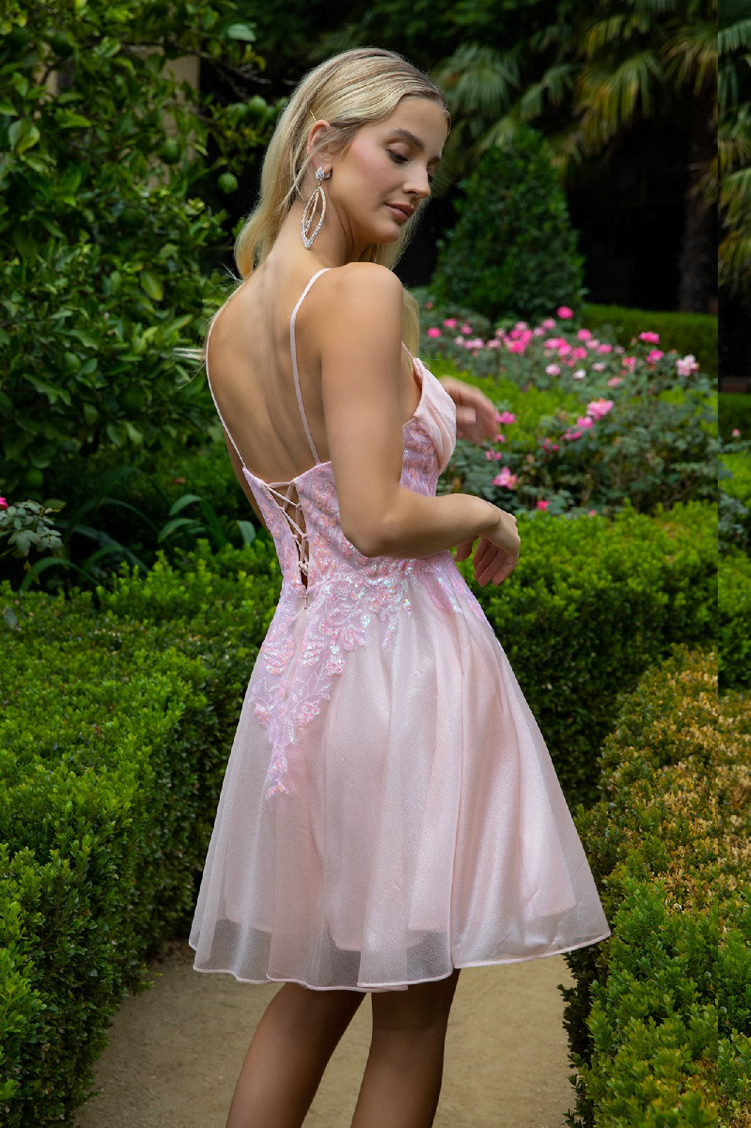 Sheer Bodice Glitter Print Embellished Spaghetti Strap Homecoming Dress-3