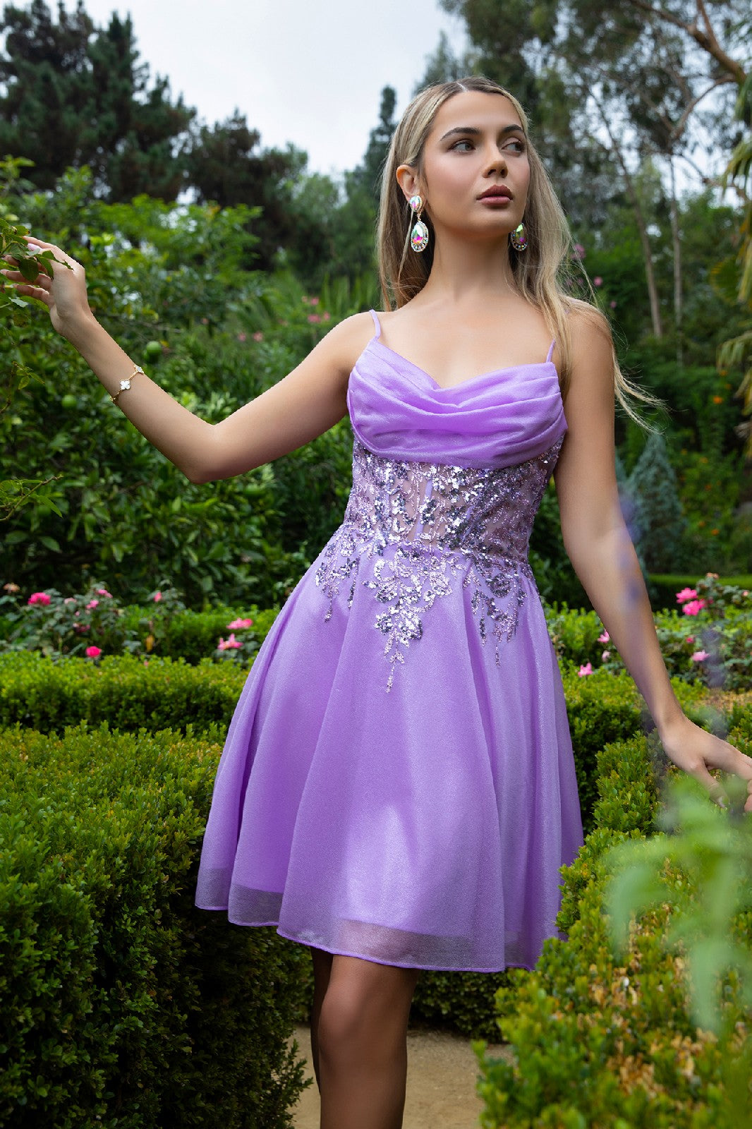 Sheer Bodice Glitter Print Embellished Spaghetti Strap Homecoming Dress-6