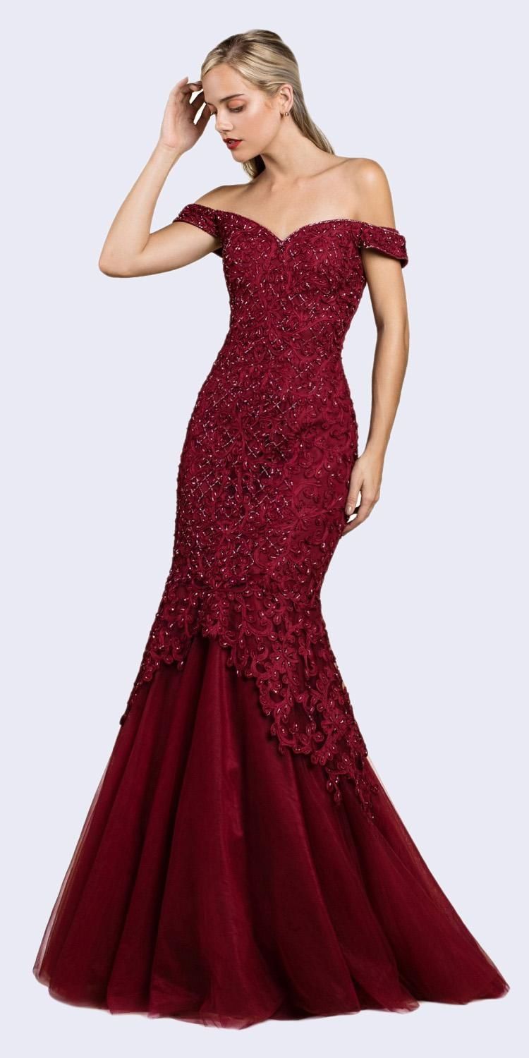 Luxury Mermaid Embroidered Sweetheart Bodice Off Shoulder Long Evening & Ball Dress CDA0401-3