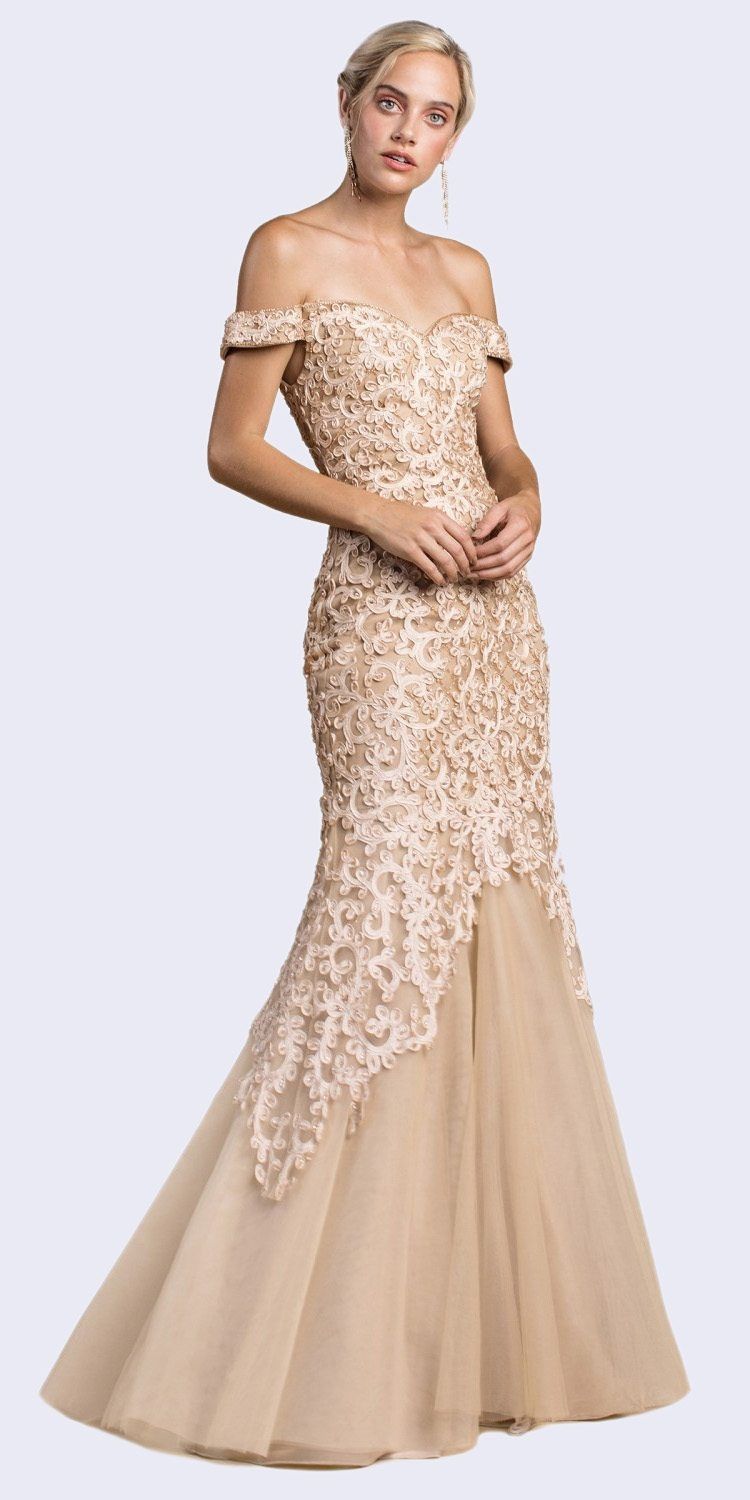 Luxury Mermaid Embroidered Sweetheart Bodice Off Shoulder Long Evening & Ball Dress CDA0401-2