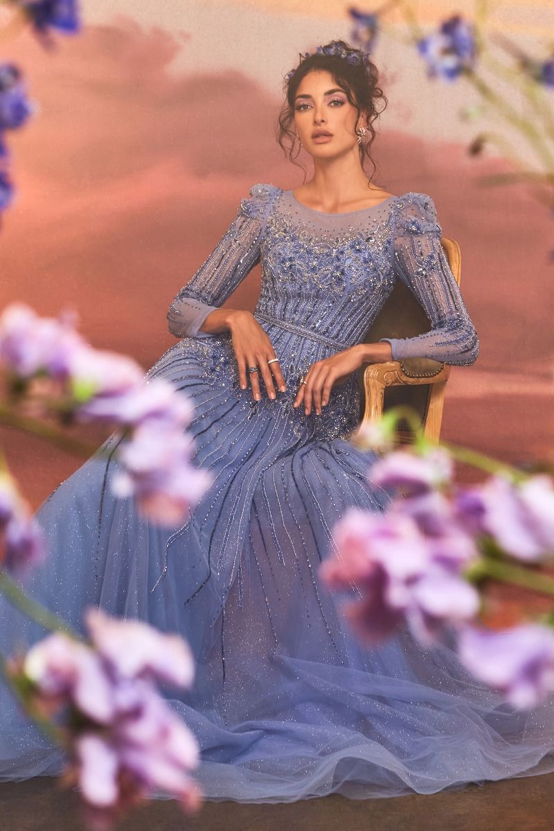 AZURITE BEADED LONG SLEEVE A-LINE GOWN CDA1167-1