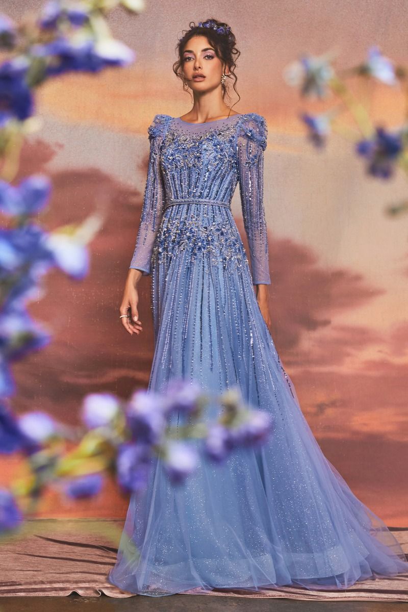AZURITE BEADED LONG SLEEVE A-LINE GOWN CDA1167-0