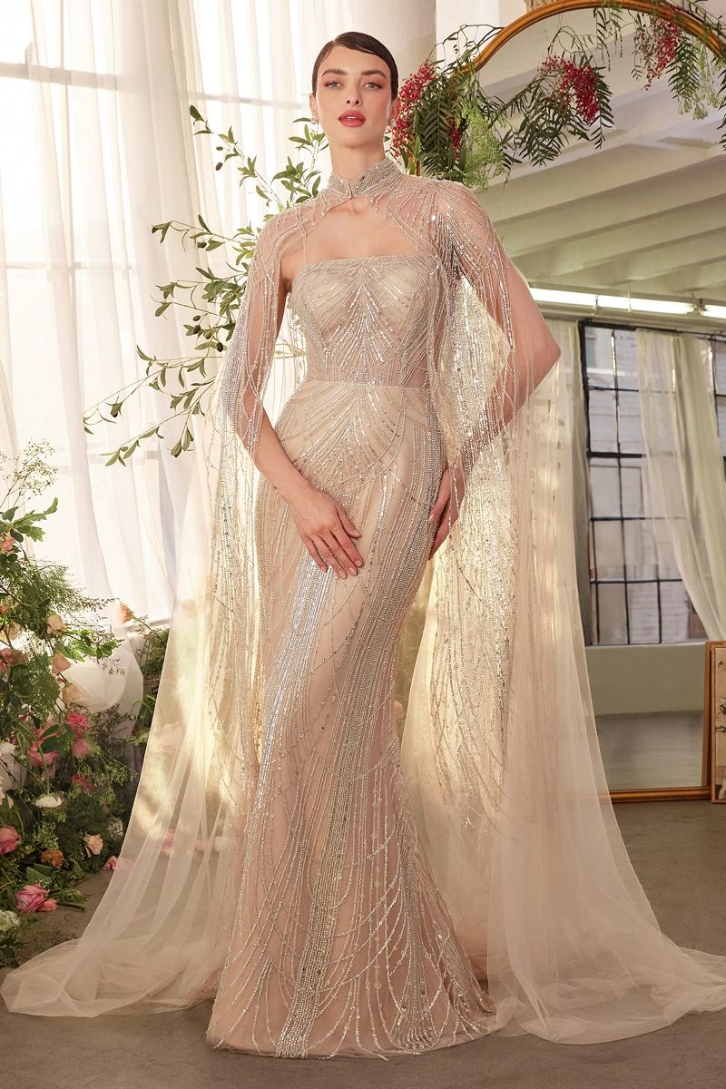 Champagne Art Deco Beaded Gown & Cape-2