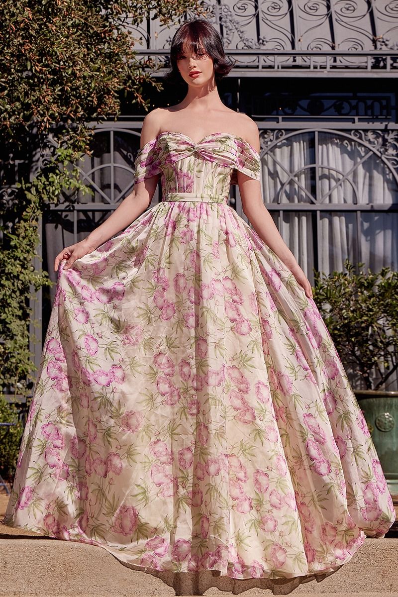 Floral Printed Off The Shoulder A-Line Dress-5