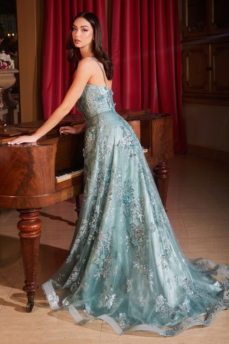 Sequin Floral Printed A-Line Straight Across Long Prom Dress CDCB144-1