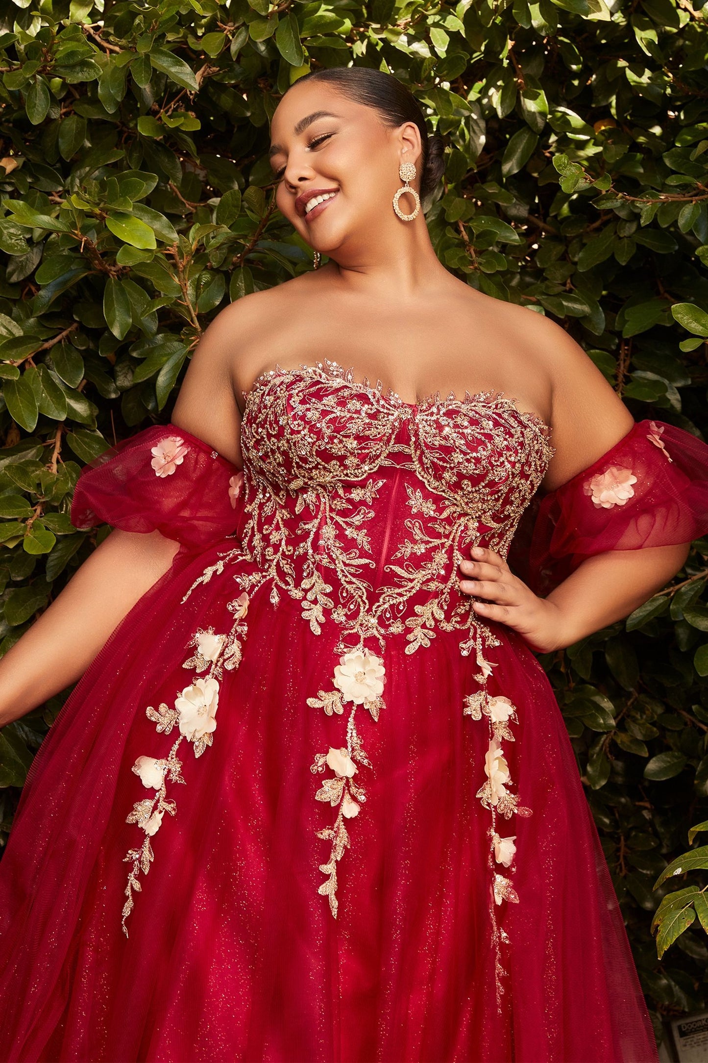 Blush & Burgundy Plus Size Tulle Ball Gown | Floral Appliqué Strapless Dress with Off-Shoulder Sleeves CDCD0191C-3
