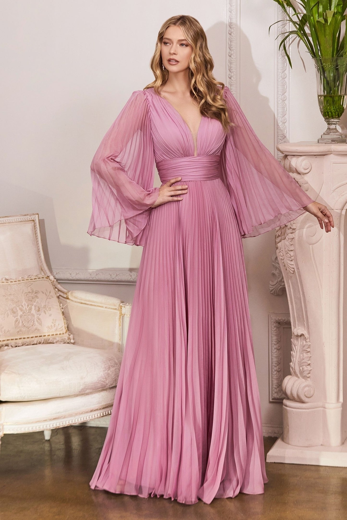 Pleated Chiffon Long Sleeve Gown-2