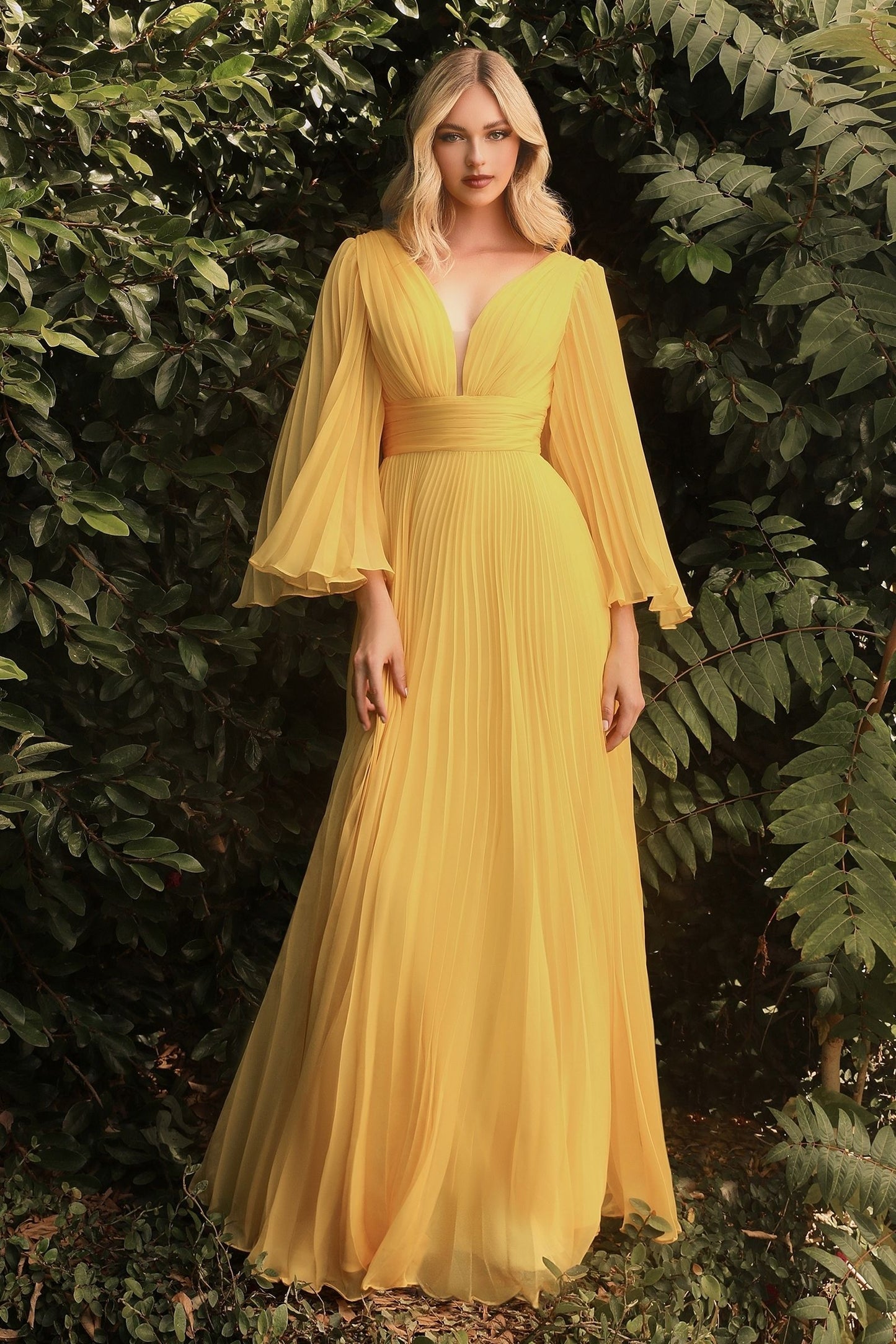 Pleated Chiffon Long Sleeve Gown-6