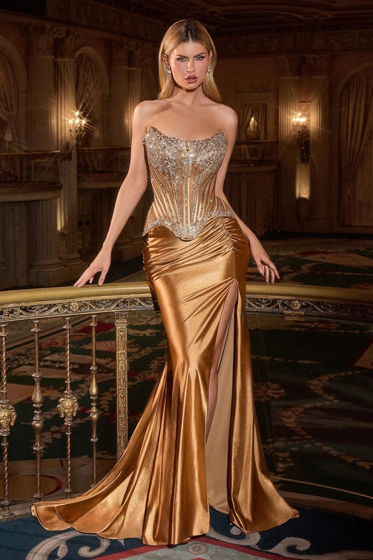Crystal Strapless Fitted Satin Dress-0