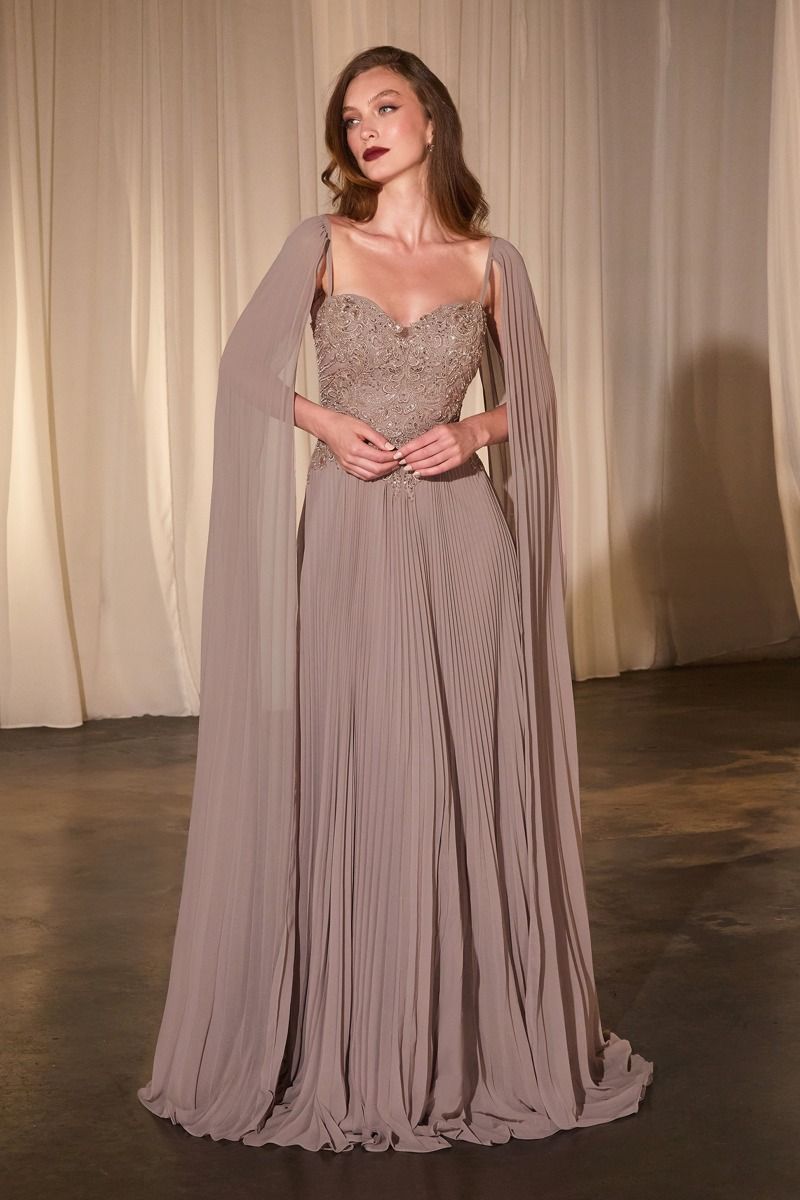 PLEATED A-LINE GOWN WITH CAPE SLEEVES CDCJ937-3