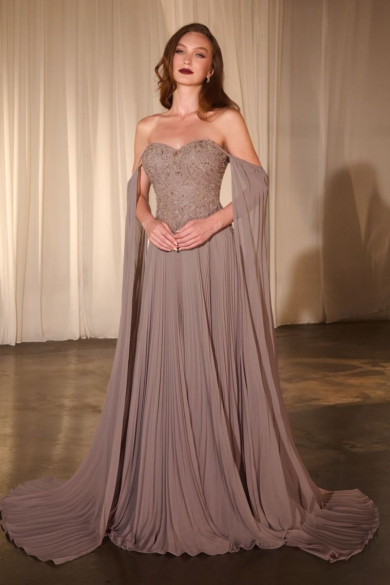 PLEATED A-LINE GOWN WITH CAPE SLEEVES CDCJ937-2