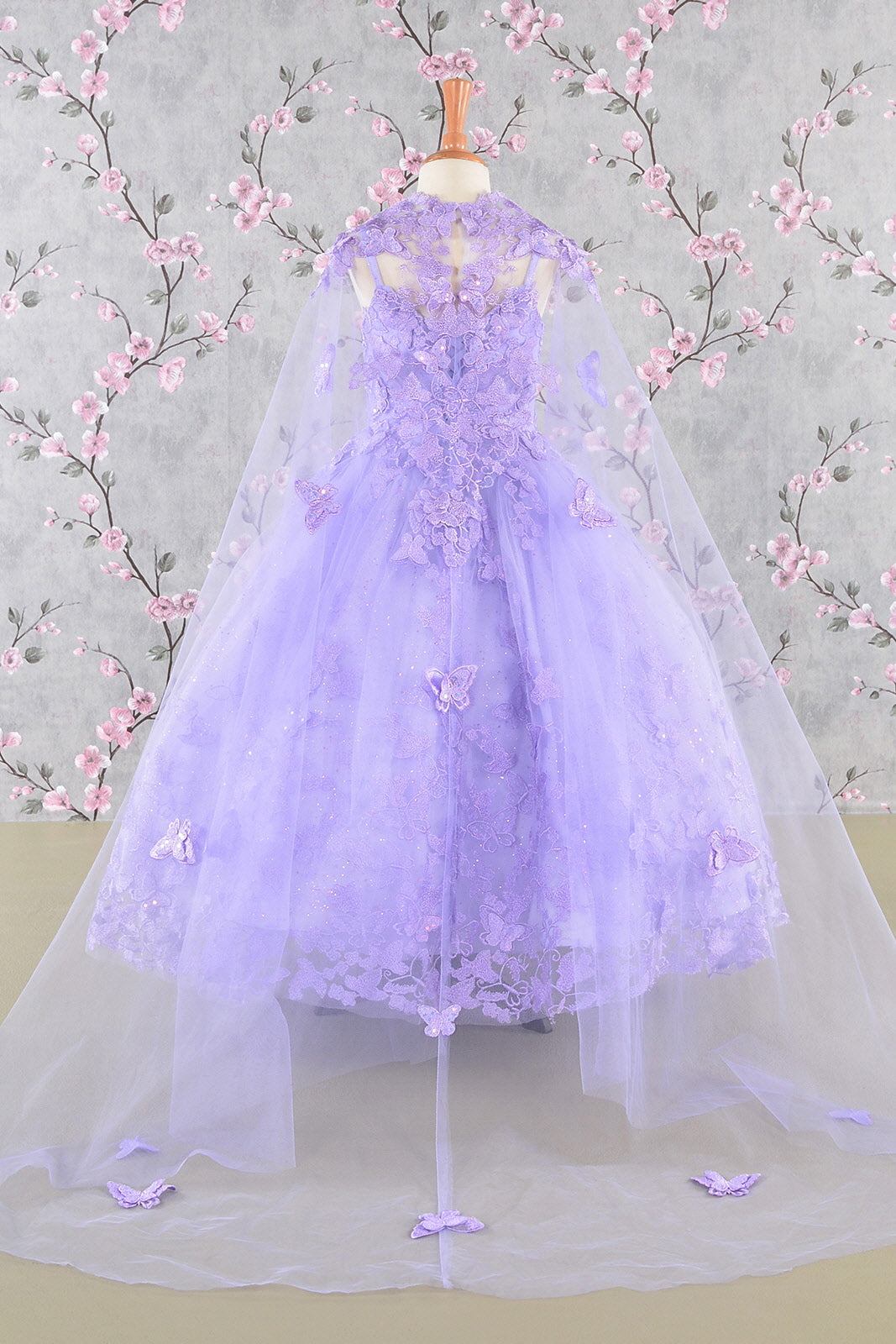 3-D Butterfly Sequin Mesh Kids Dress w/ Detachable Long Mesh Cape-1