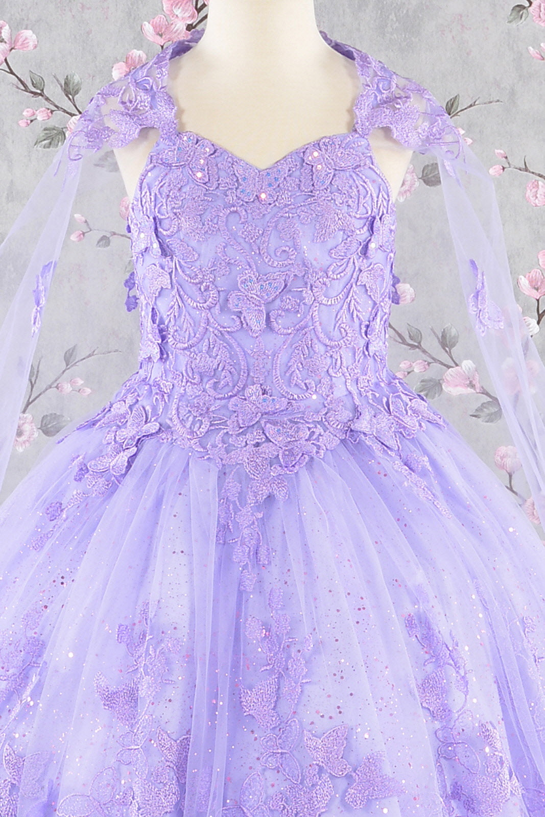 3-D Butterfly Sequin Mesh Kids Dress w/ Detachable Long Mesh Cape-4