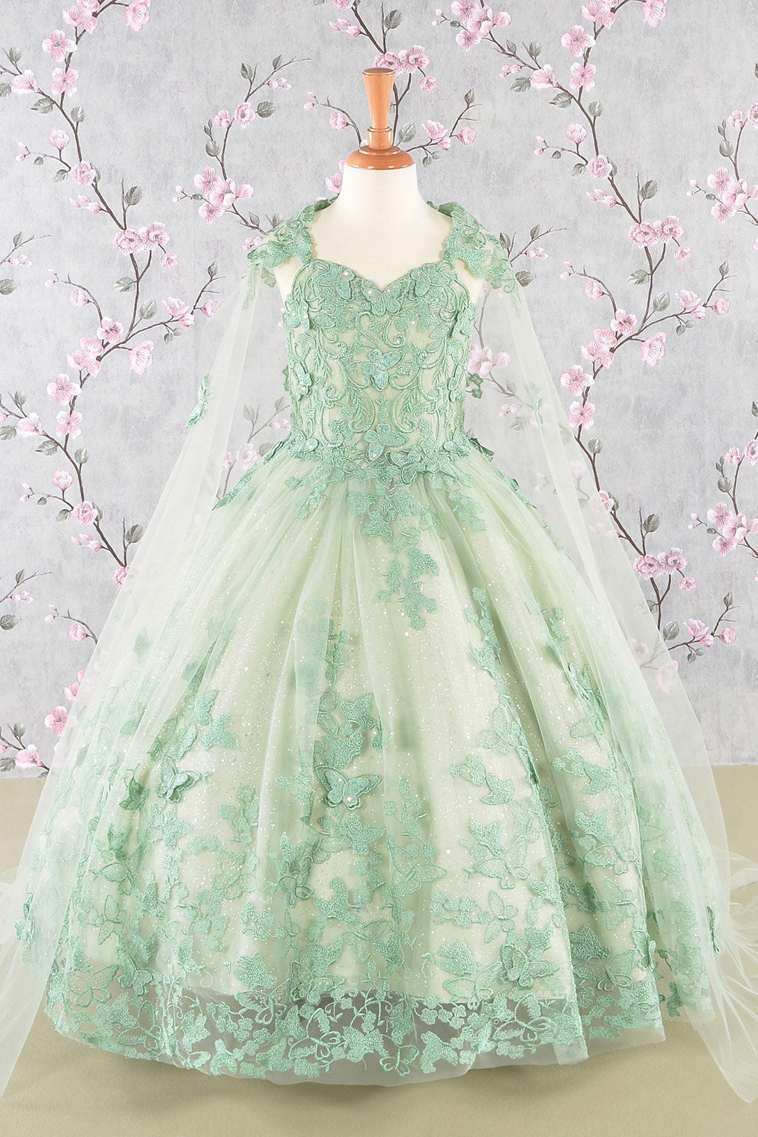 3-D Butterfly Sequin Mesh Kids Dress w/ Detachable Long Mesh Cape-6