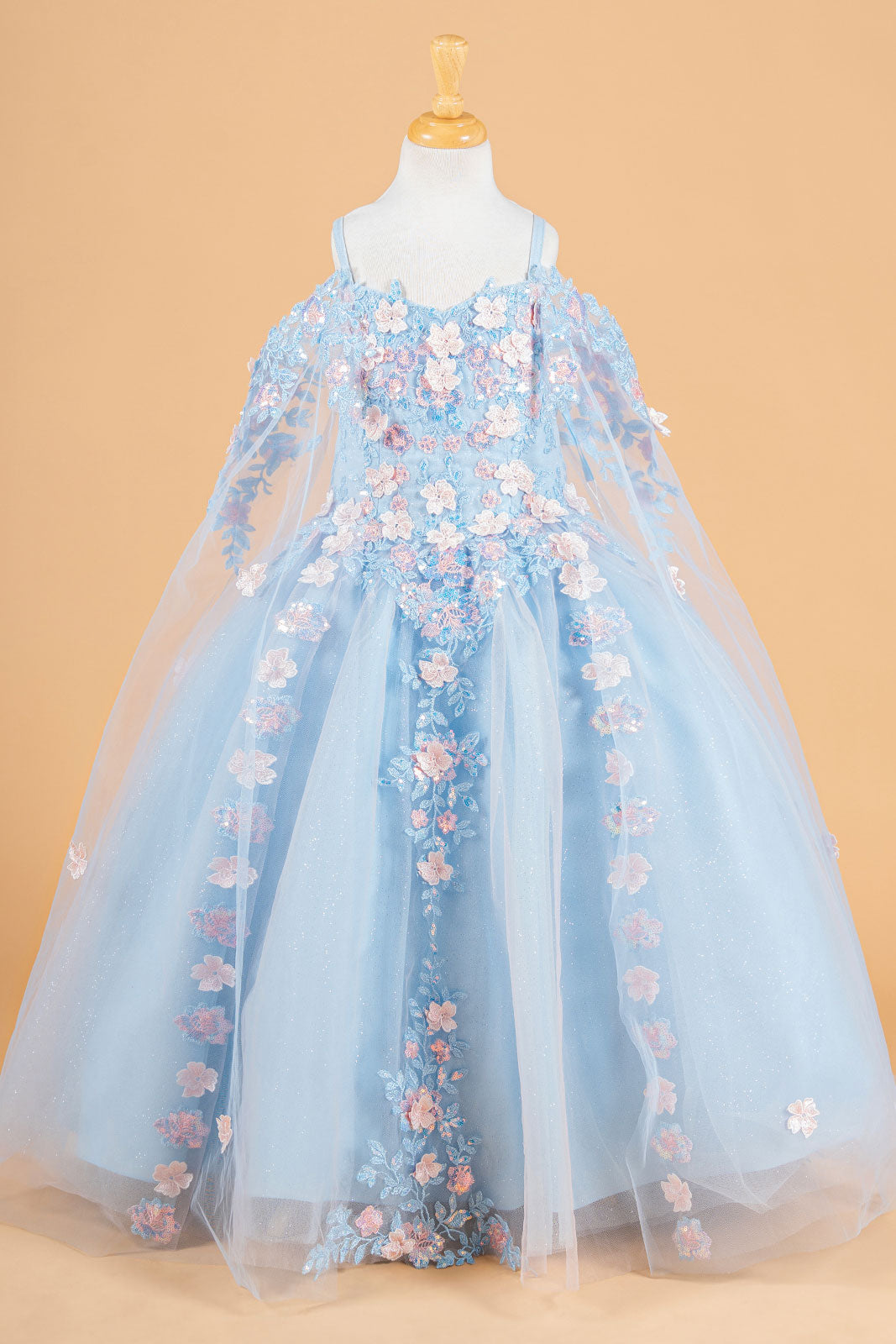 3D Flower Applique Embellished Kids Dress With Cold Shoulder Detachable Cape Sleeves-0