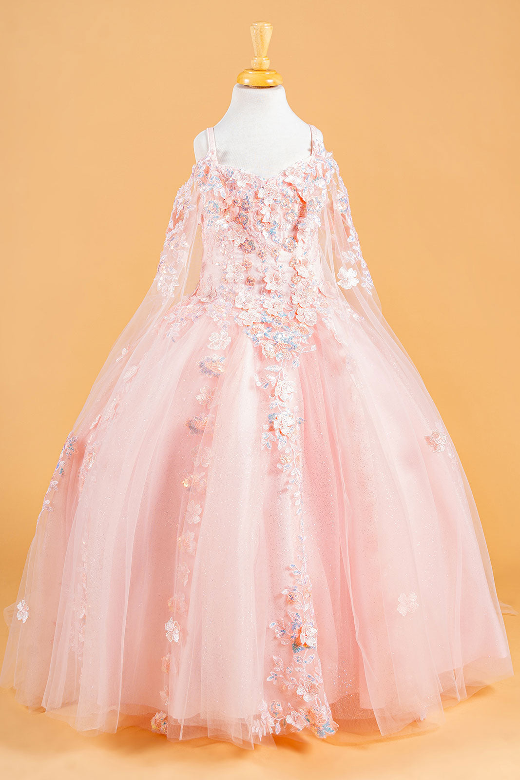 3D Flower Applique Embellished Kids Dress With Cold Shoulder Detachable Cape Sleeves-4