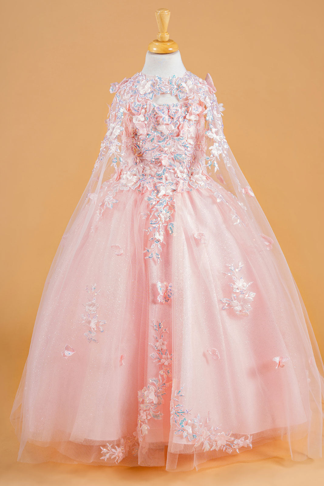 3D Flower and Butterfly Applique Embellished Spaghetti Strap Kids Dress With Matching Tunic-4