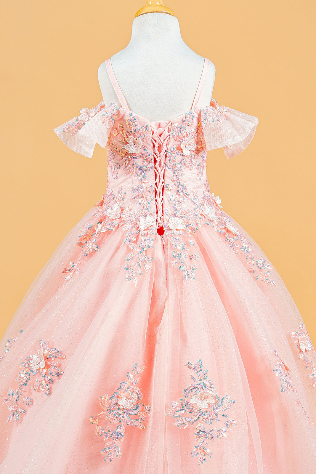 3D Flower Applique Sequins Embroidery Lace-Up Back Corset V-Neck Cold Shoulder Kids Dress-3