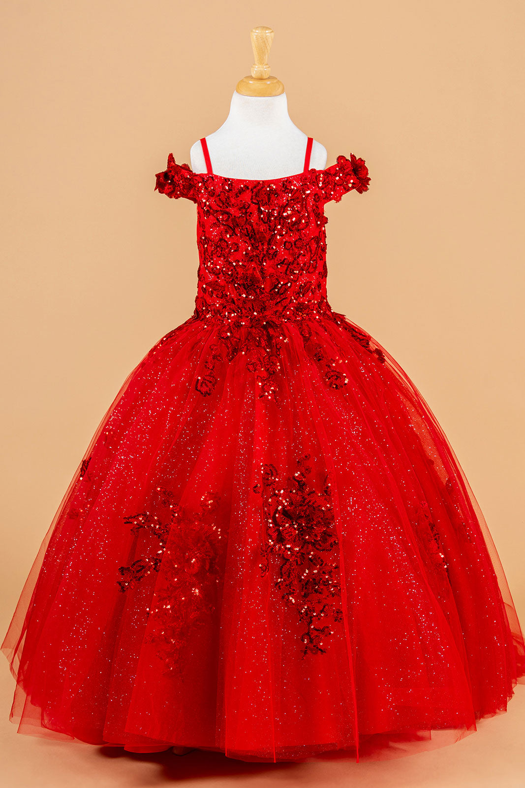 3D Flower Applique Embellished Boat Neckline Cold Shoulder Kids Dress-4