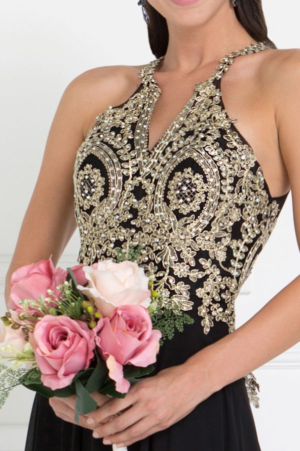 Chiffon Deep V-Back A-Line Long Dress Accented with Embroidery-5