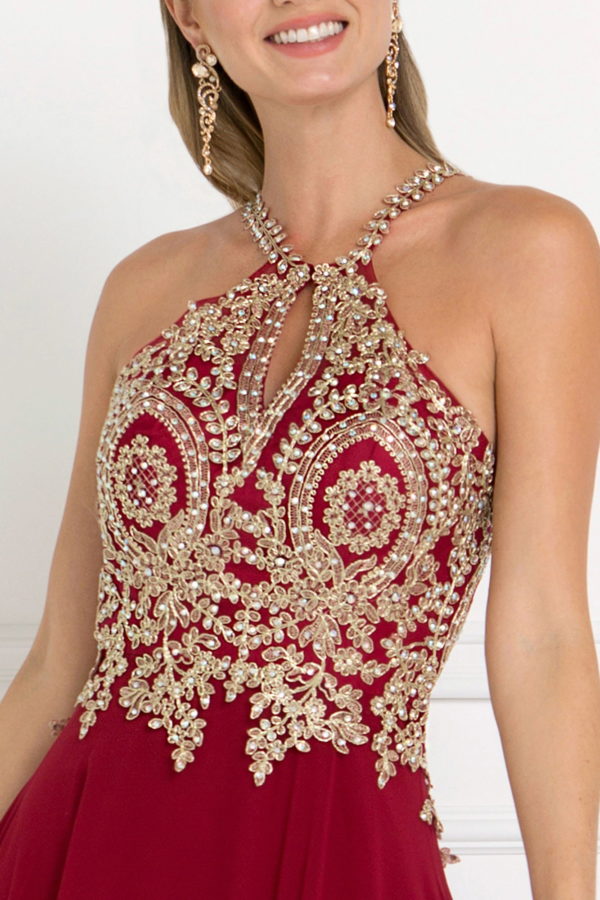 Chiffon Deep V-Back A-Line Long Dress Accented with Embroidery-7