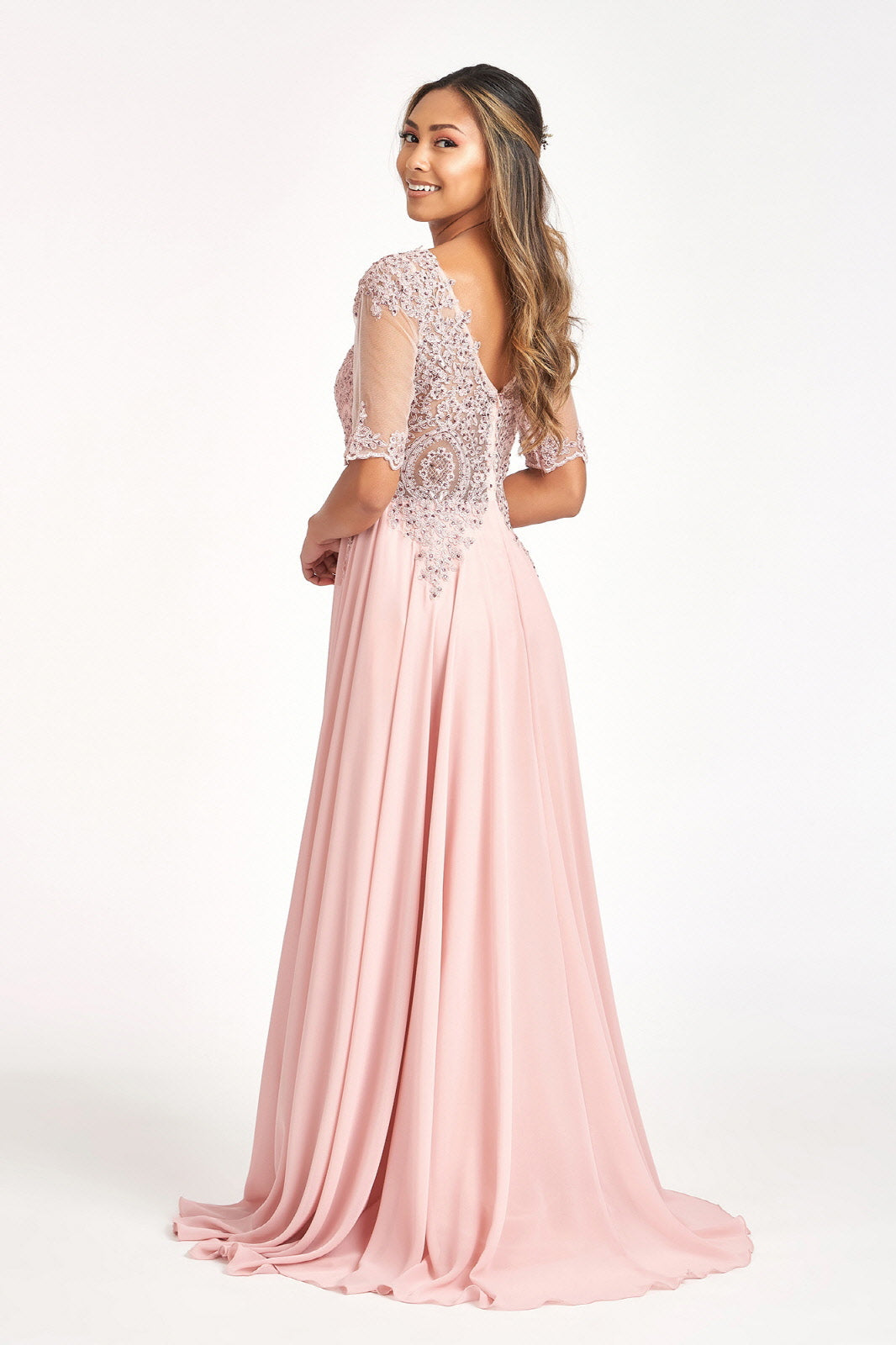 Rhinestone and Embroidery Embellished Chiffon Long Dress-11
