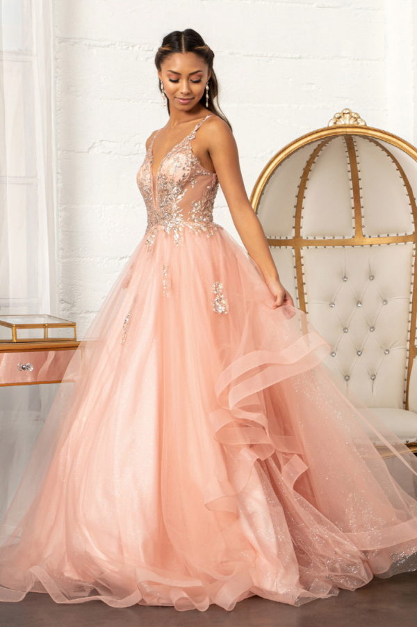 Glitter Embellished Mesh Quinceanera Gown w/ Sequin and Sheer Bodice (Petticoat Included)-6