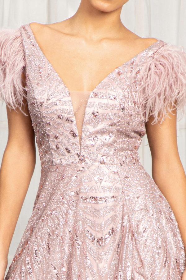 Feather-Shoulder Embellished A-line Dress w/ Open V-back-5