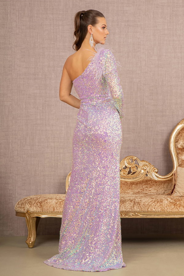 Feather Sequin Asymmetric Long Sleeve Mesh Mermaid Dress-5