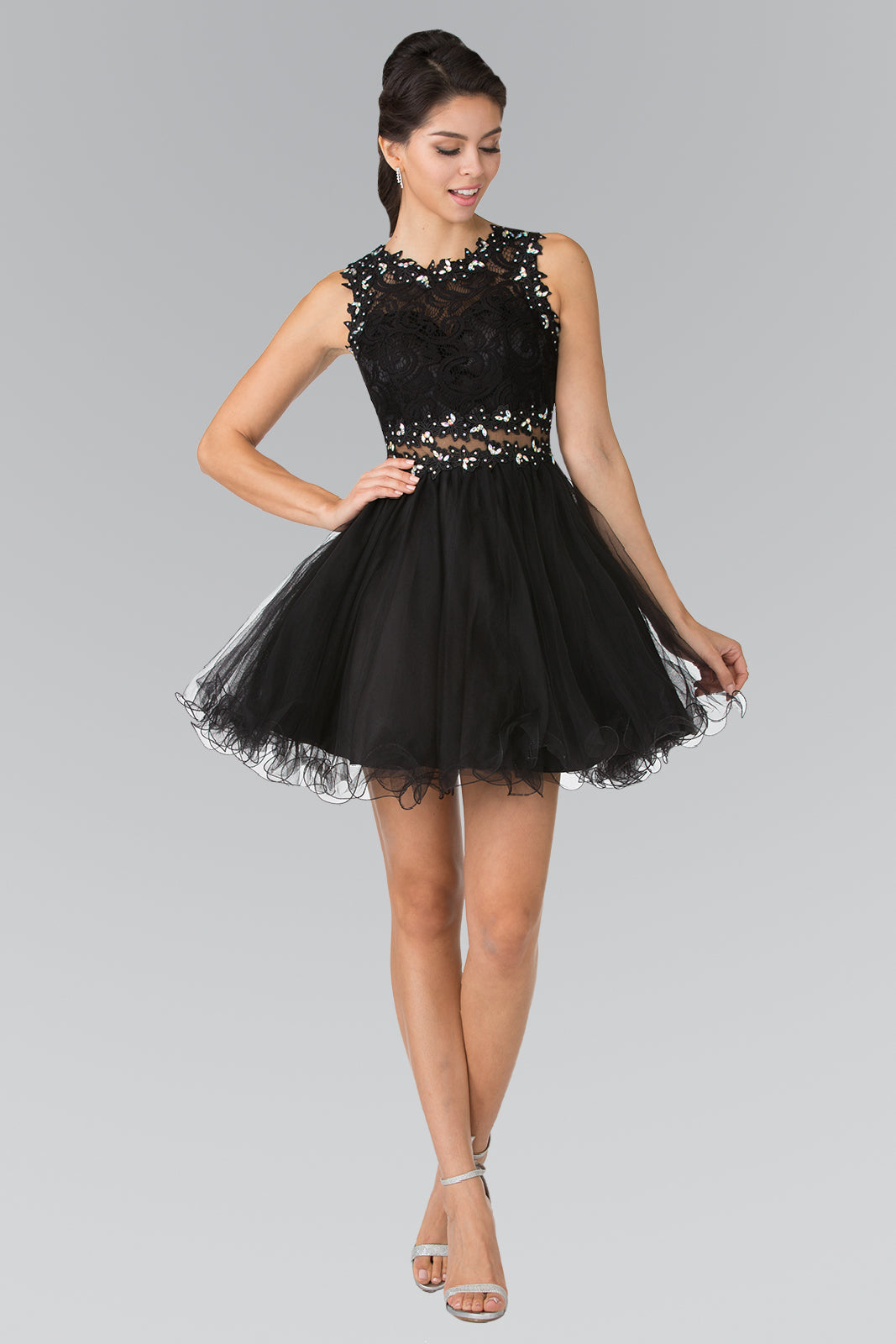 Sleeveless Short Dress with Lace Bodice and Sheer Waistline-2