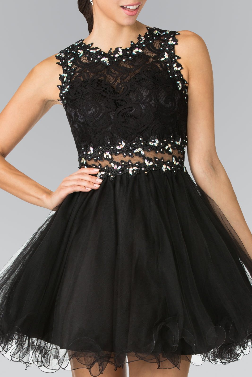 Sleeveless Short Dress with Lace Bodice and Sheer Waistline-3