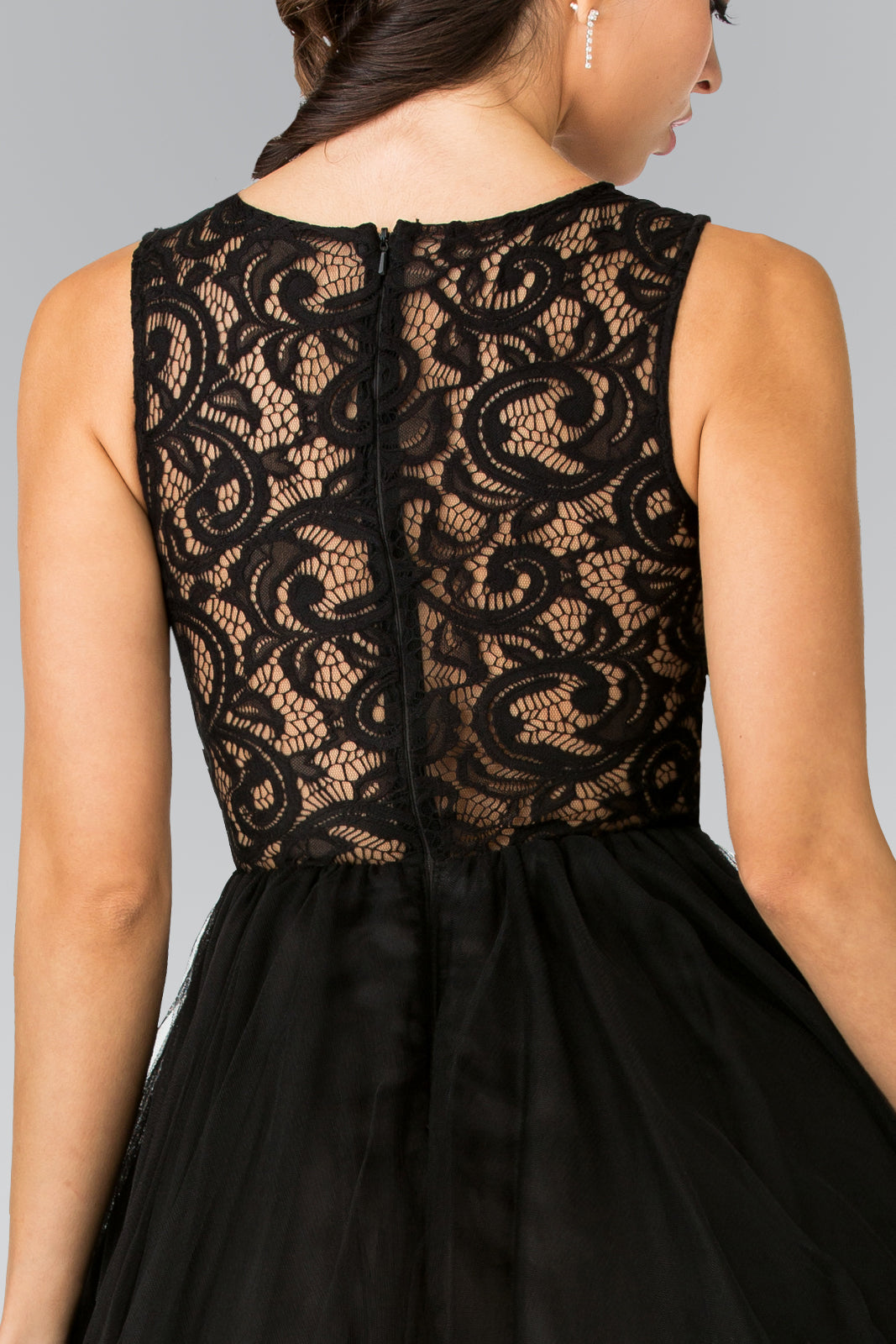 Sleeveless Short Dress with Lace Bodice and Sheer Waistline-4