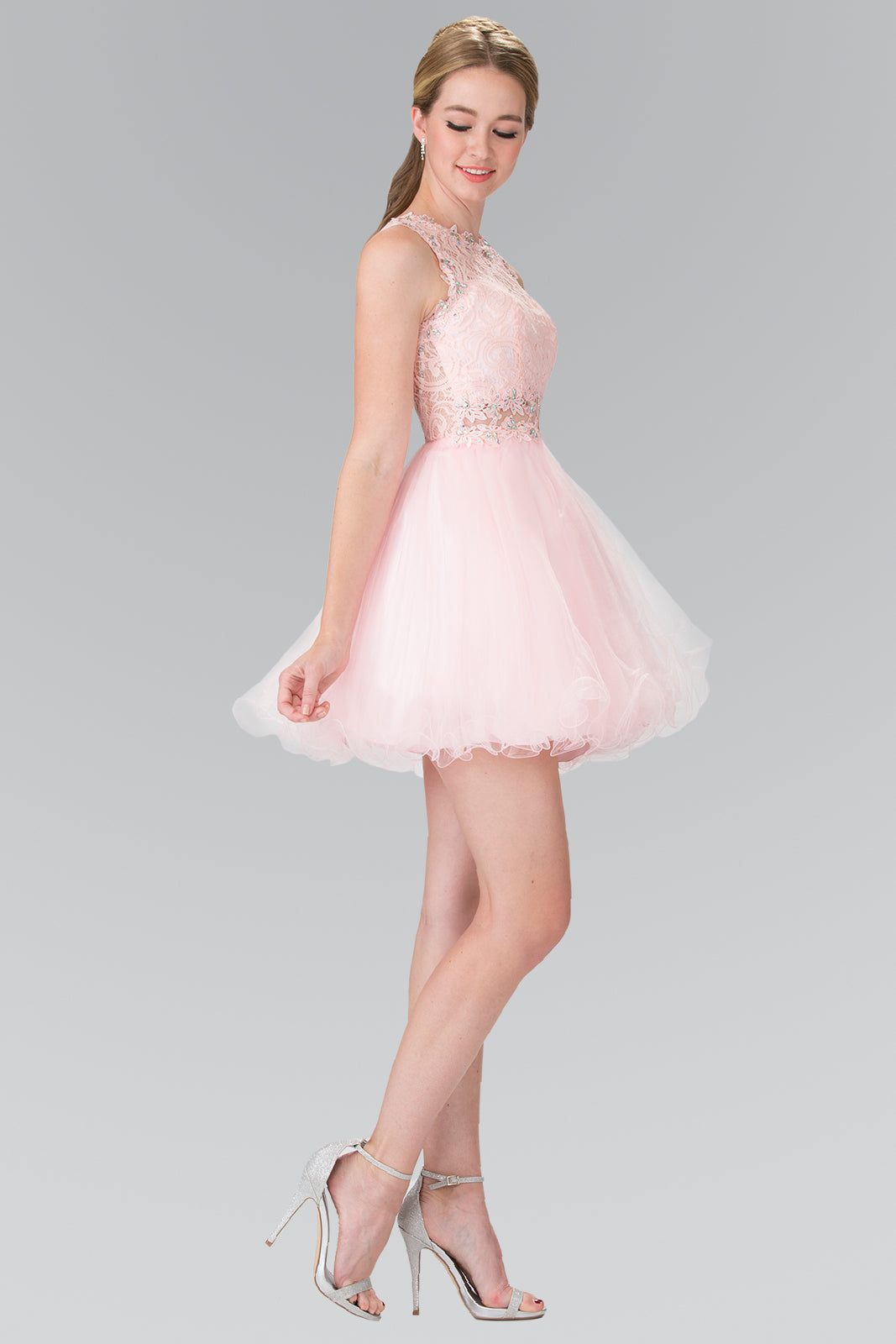 Sleeveless Short Dress with Lace Bodice and Sheer Waistline-5