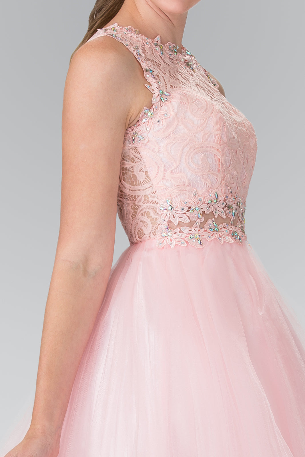 Sleeveless Short Dress with Lace Bodice and Sheer Waistline-6