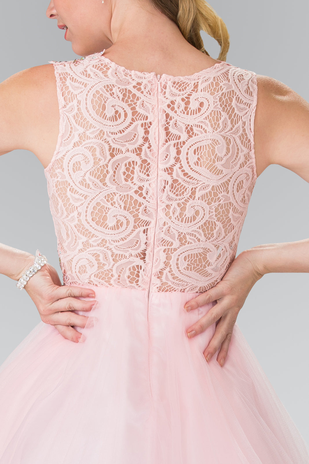 Sleeveless Short Dress with Lace Bodice and Sheer Waistline-7