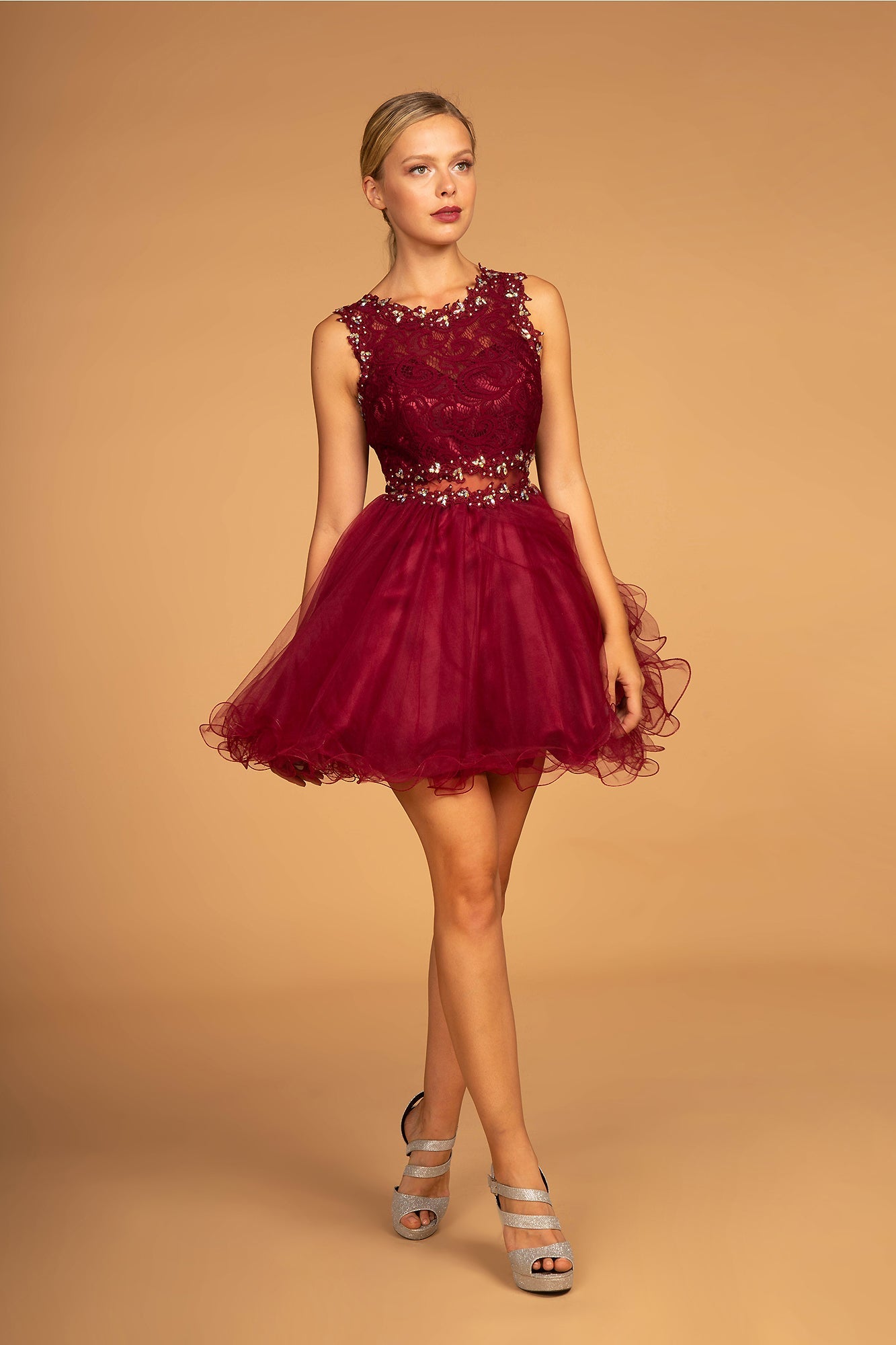 Sleeveless Short Dress with Lace Bodice and Sheer Waistline-22