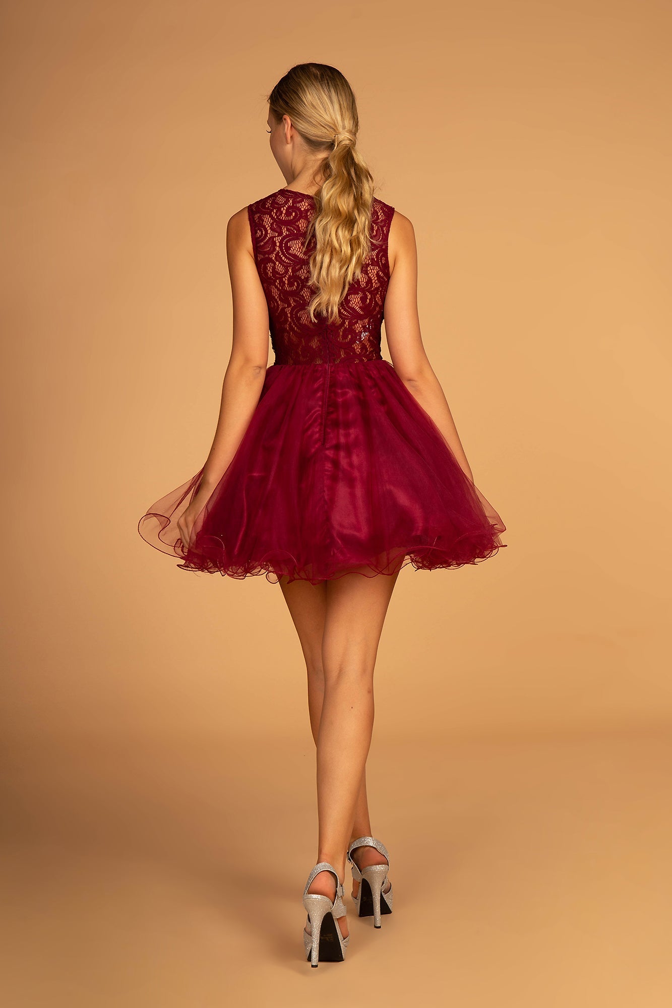 Sleeveless Short Dress with Lace Bodice and Sheer Waistline-23
