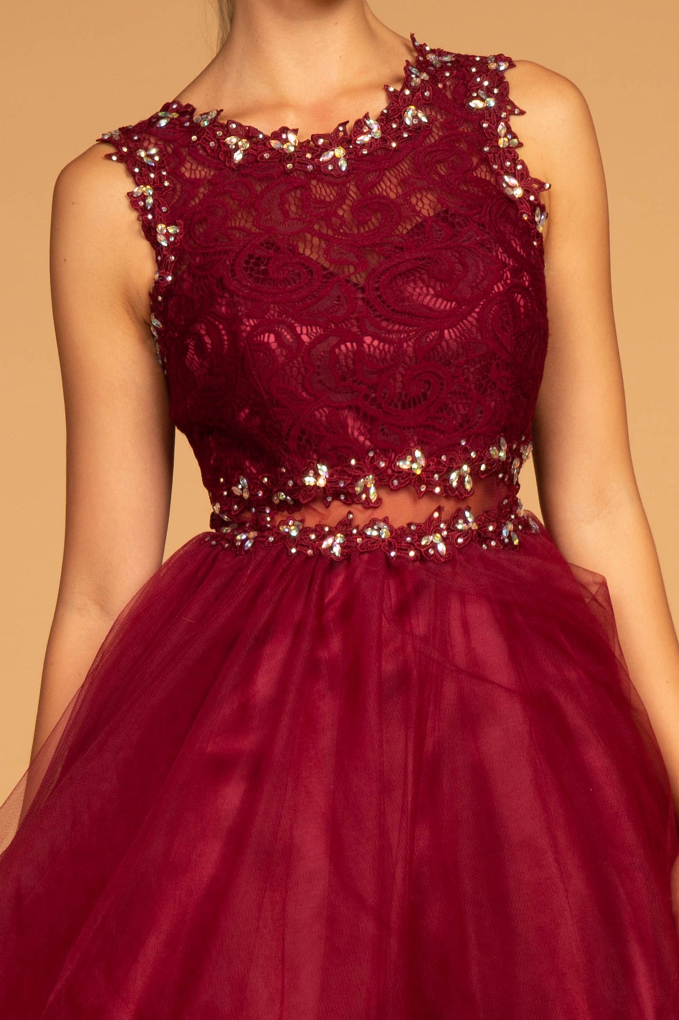 Sleeveless Short Dress with Lace Bodice and Sheer Waistline-24