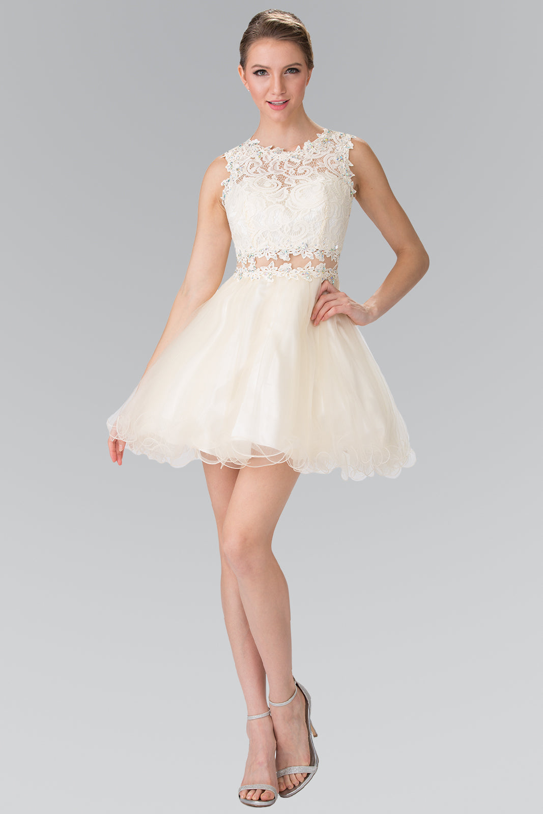 Sleeveless Short Dress with Lace Bodice and Sheer Waistline-8